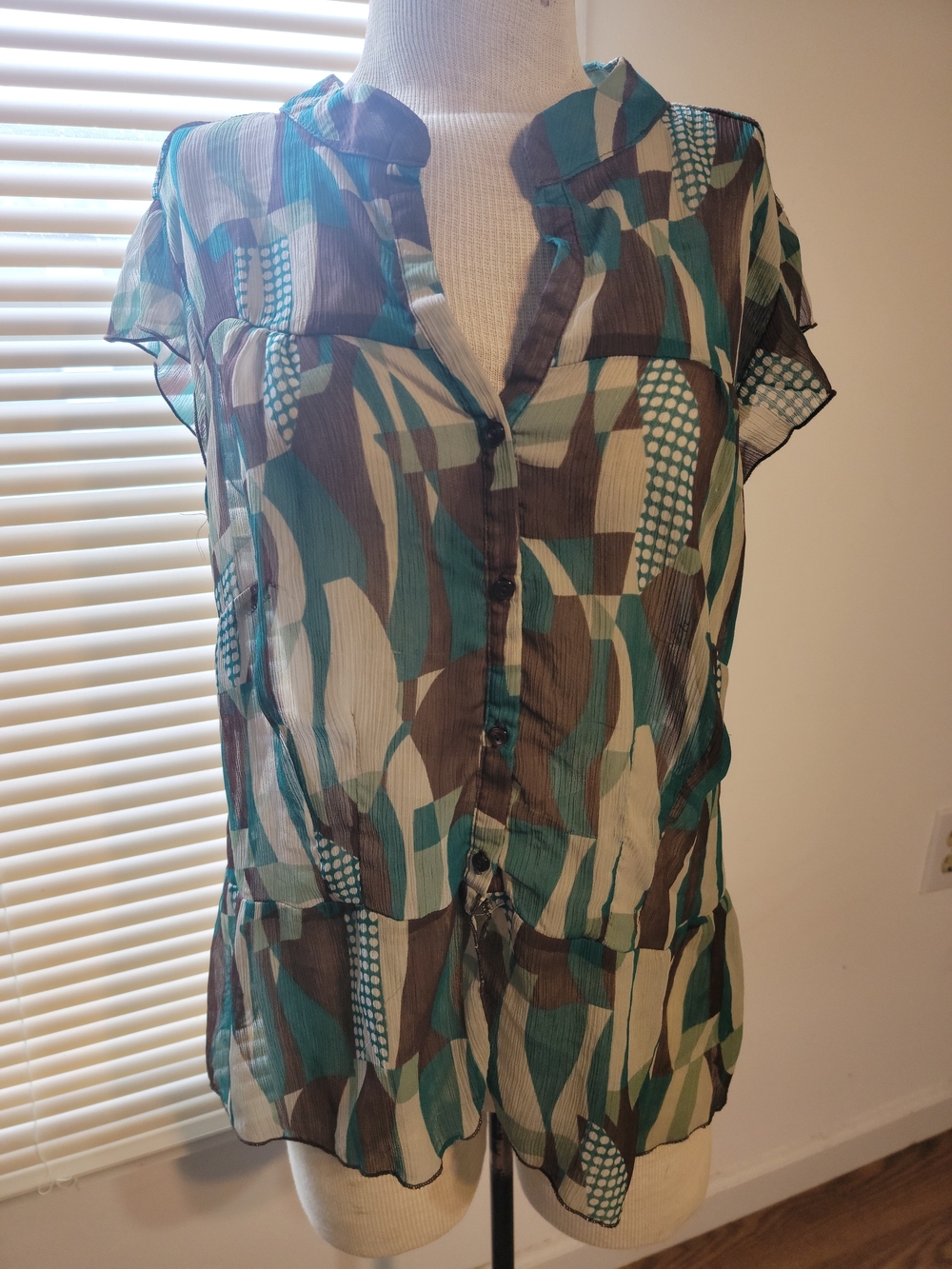 Lane Bryant Teal, Brown & Cream Sheer Button-Front Blouse